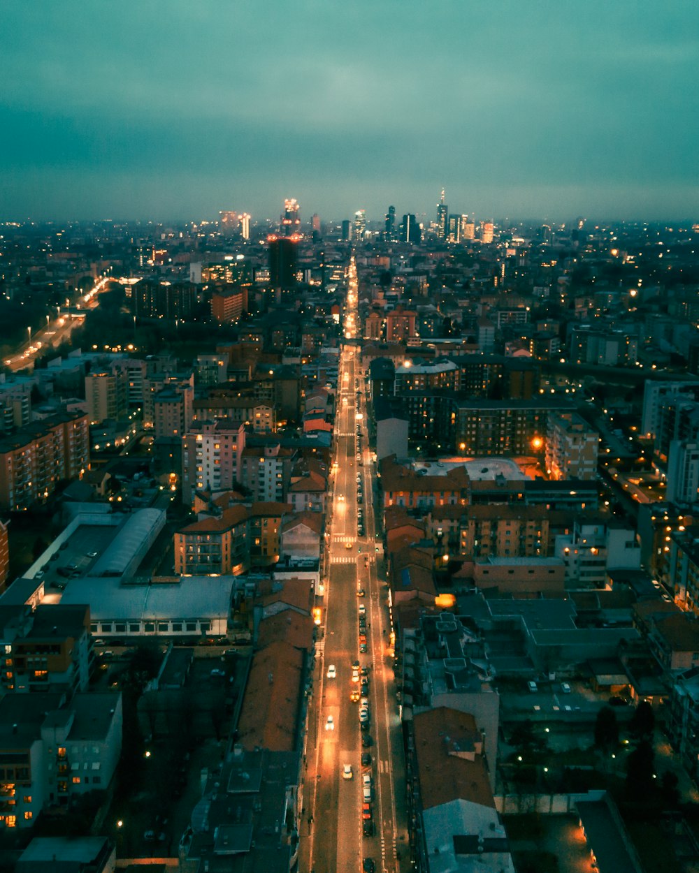 aerial view of city buildings during night time