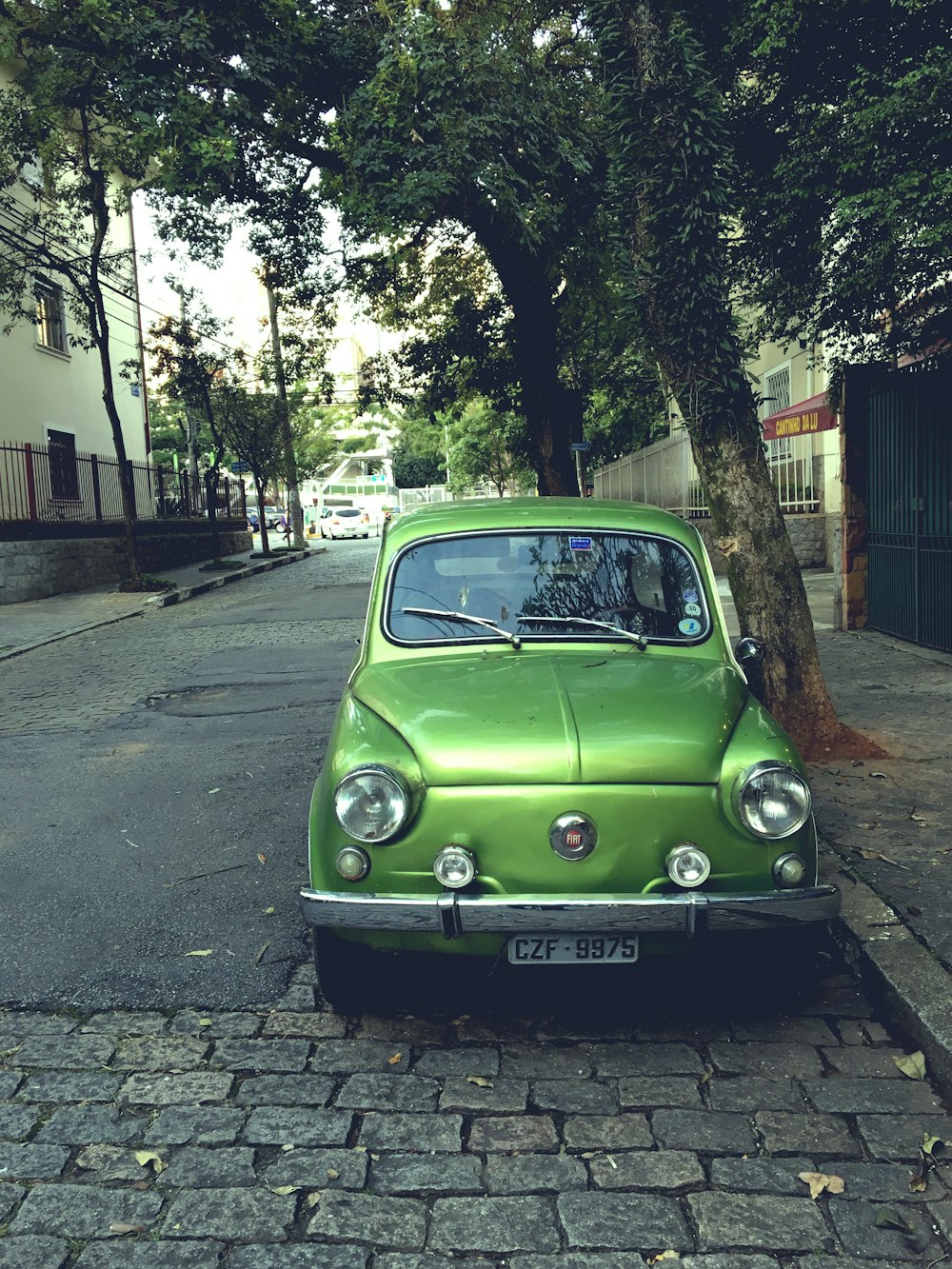 green volkswagen beetle parked on sidewalk during daytime