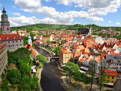 aerial view of city buildings during daytime czechia zoom background