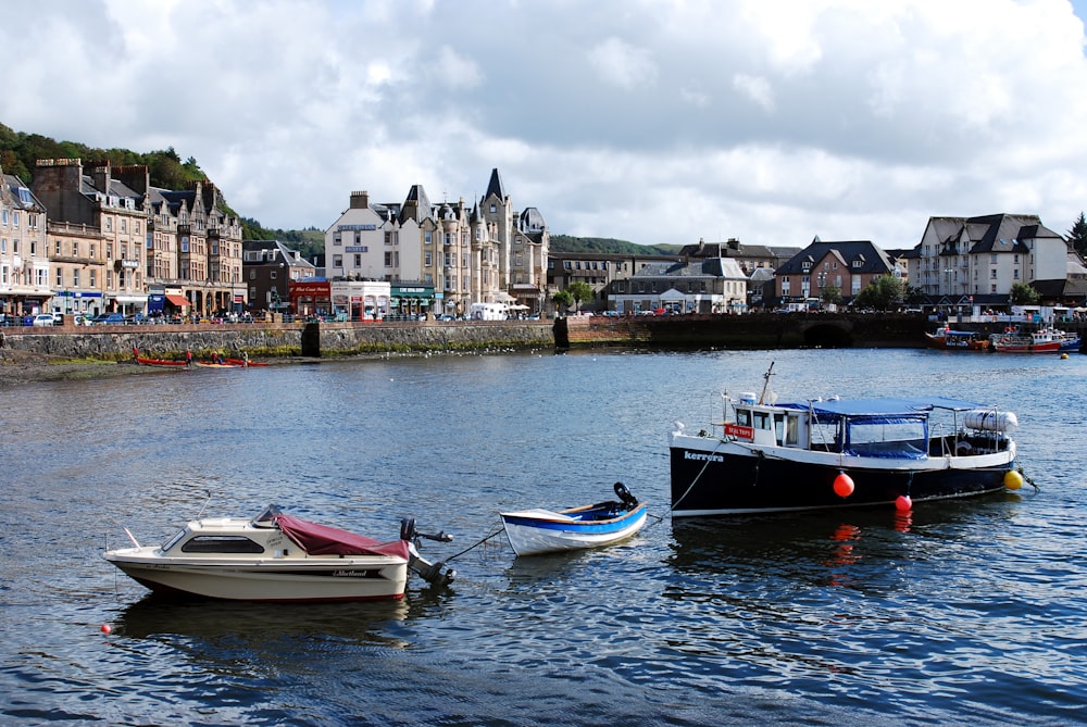 white and blue boat on water near buildings during daytime