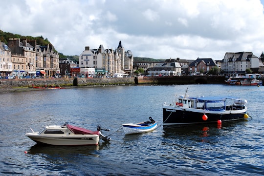 white and blue boat on water near buildings during daytime in Oban United Kingdom