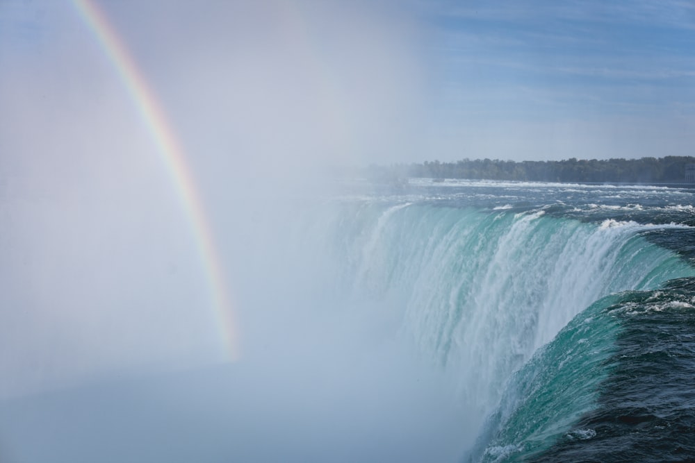 water falls under blue sky