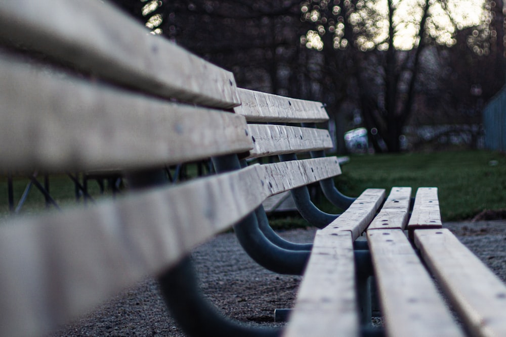 brown wooden bench near green trees during daytime