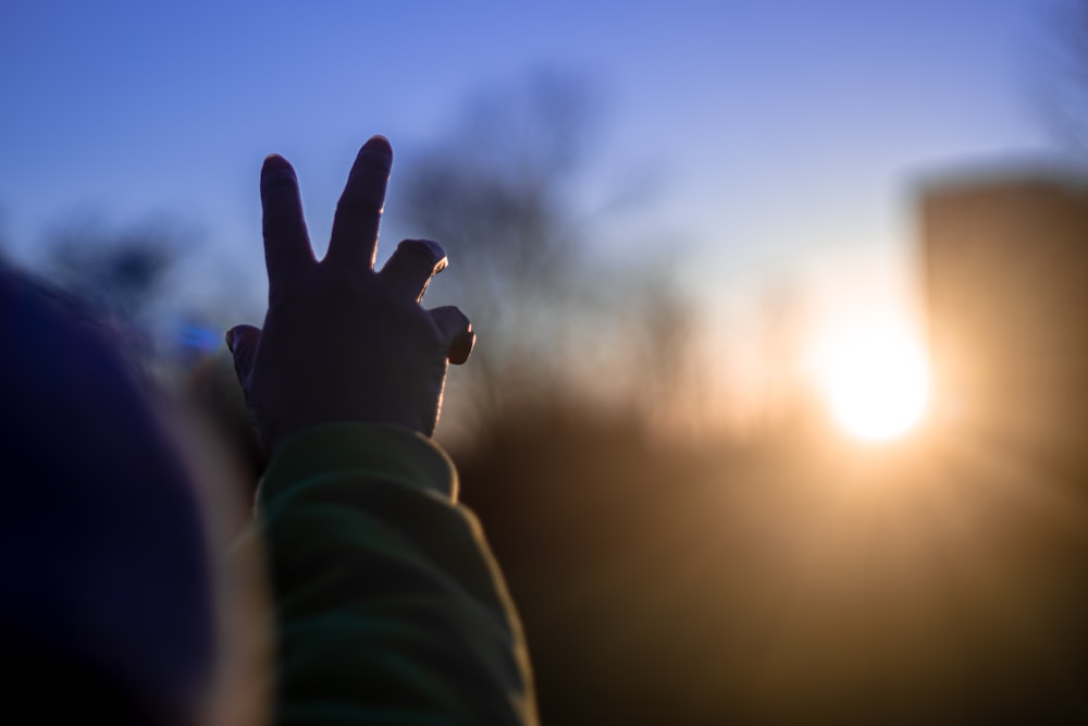 personne en chemise à manches longues verte levant la main droite pendant le coucher du soleil