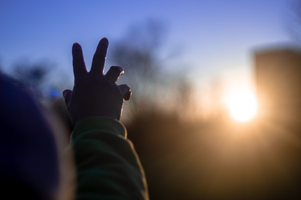 Persona con camisa verde de manga larga levantando la mano derecha durante la puesta del sol
