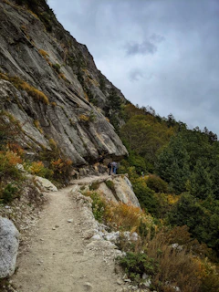 A scenic mountain trail winding through autumn-colored forests during a family hike