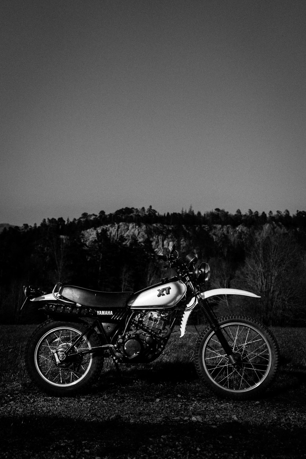 grayscale photo of motorcycle near trees