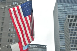 An American flag waves prominently in the foreground against a backdrop of tall skyscrapers, including a building with the MetLife logo visible. The image conveys a sense of urban environment with a focus on national pride.