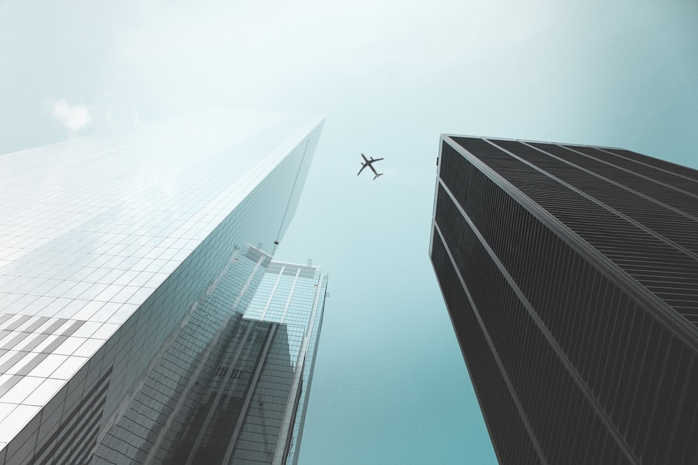 airplane flying over the high rise building during daytime