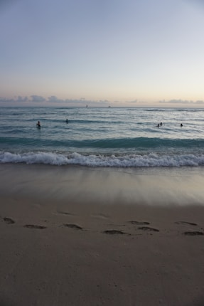 A tranquil beach scene at dusk with gentle waves washing onto the shore, leaving footprints in the sand. Several people enjoy the calm ocean, swimming in the distance under a clear sky.