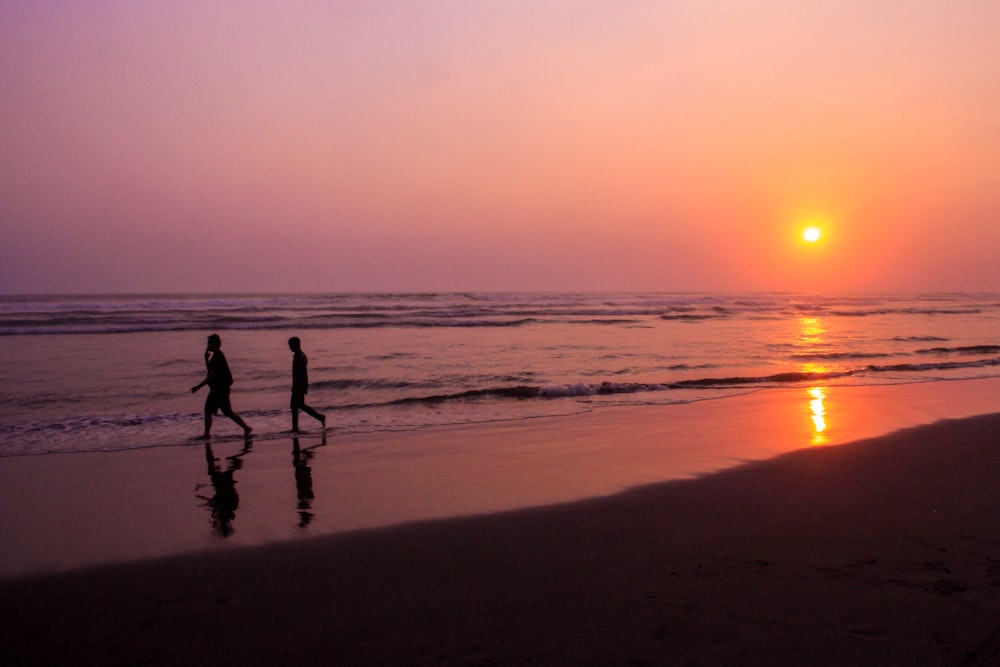 silhouette of 2 people walking on beach during sunset