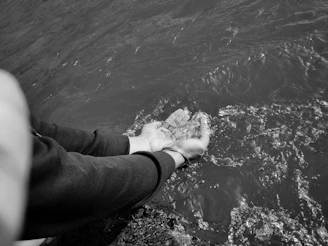 Close-up of hands skillfully swirling a gold pan filled with water and gravel by a sunny stream.