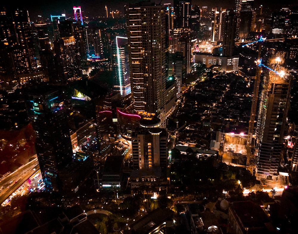 aerial view of city buildings during night time