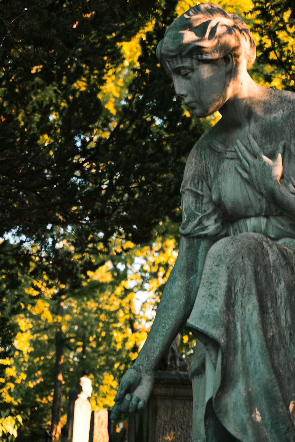 statue of man near green trees during daytime