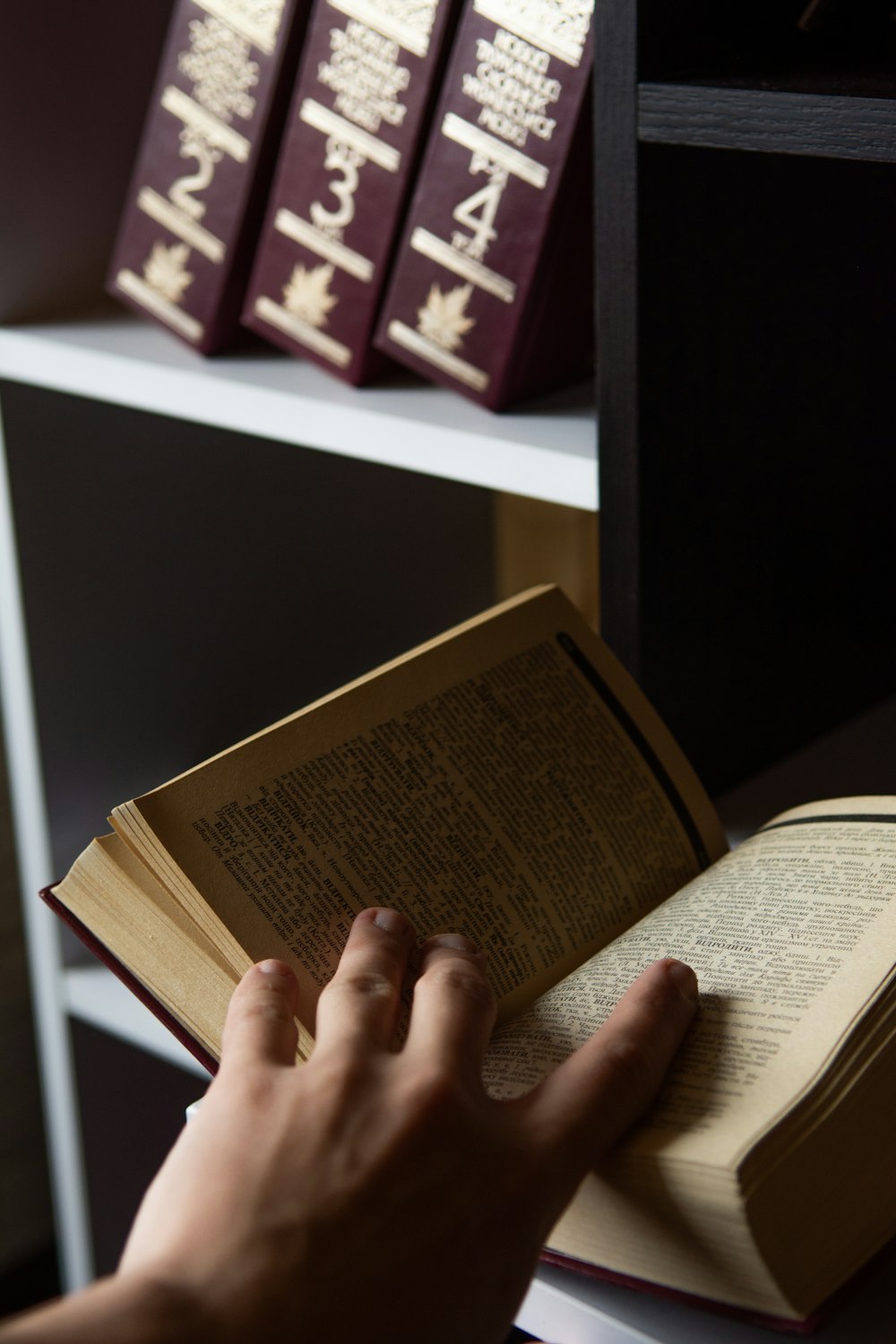 person reading book on table