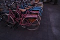 A neatly arranged row of bicycles with colorful frames and baskets, lined up on a paved sidewalk. Each bike has a wooden seat and an advertisement panel on the back, suggesting they might be part of a rental service.