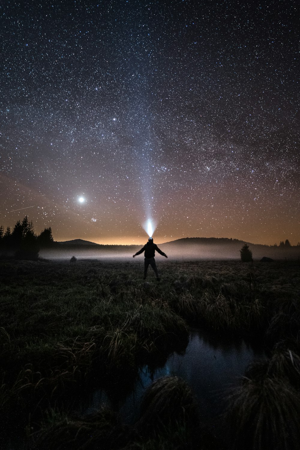 silhouette of person standing on grass field during night time