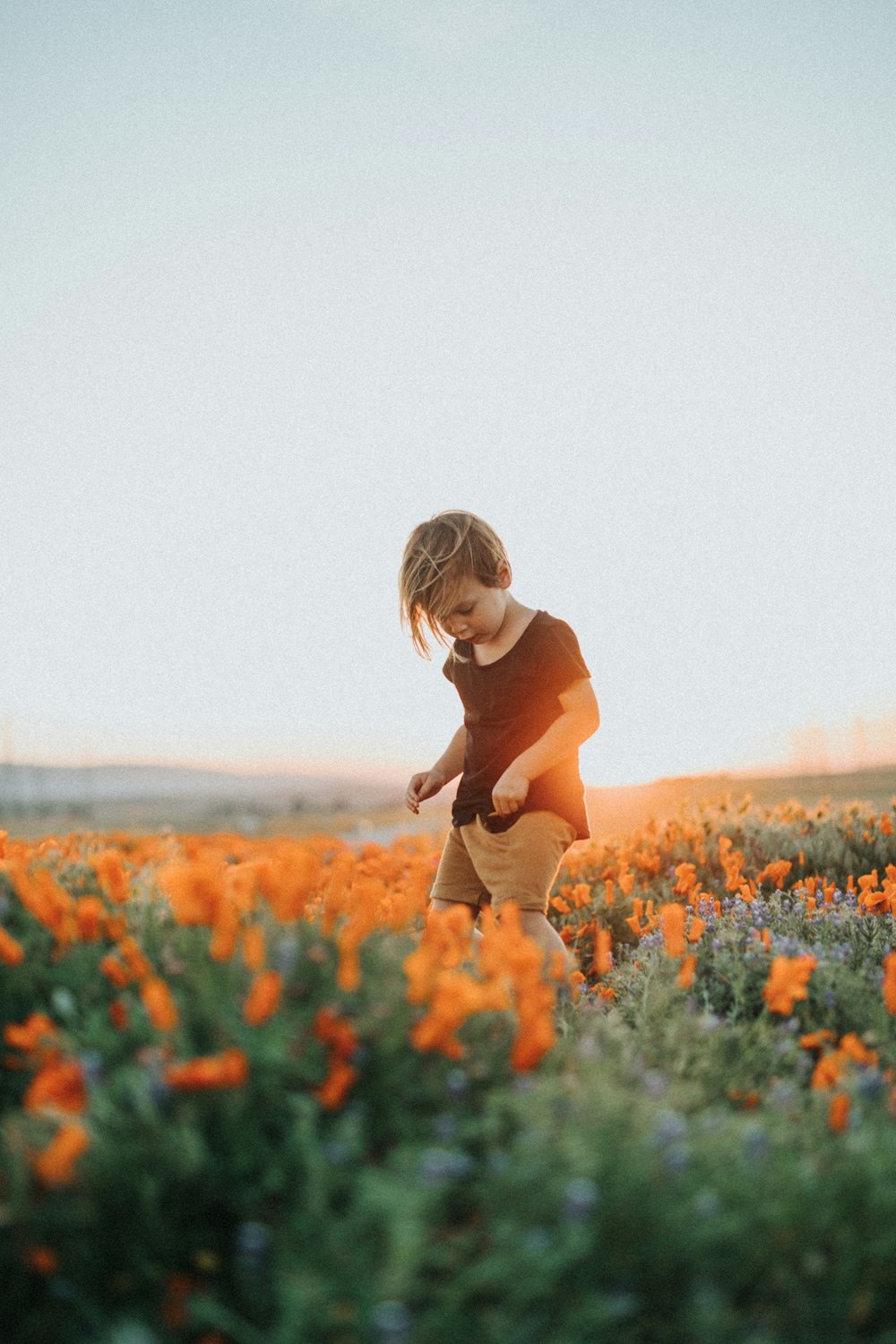 woman in orange long sleeve shirt and brown pants running on flower field during daytime