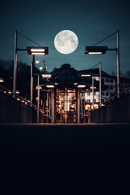 astrophotography,how to photograph brown wooden bridge with lighted lamp posts during night time