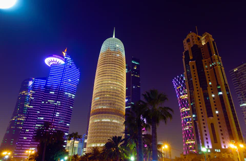 The Doha, Qatar skyline of lit high-rise towers at night