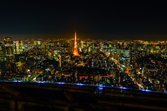 Night view of illuminated residential towers showcasing urban lifestyle