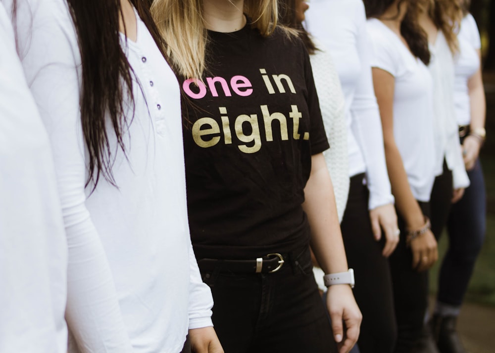 woman in black and white crew neck t-shirt