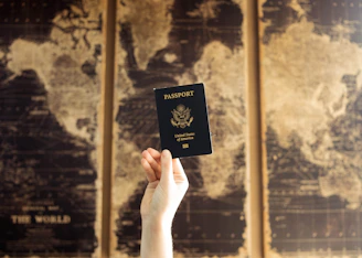 A traveler holding a passport and ticket, standing in front of a famous movie filming location with a cinematic backdrop.
