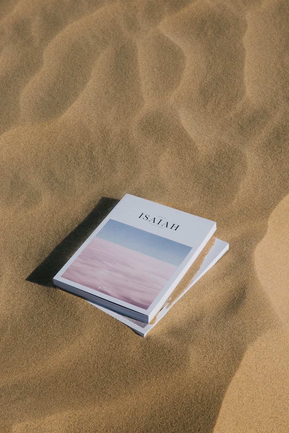 blue and white book on brown sand