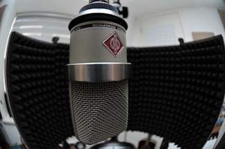 A professional recording studio microphone with soundproof panels in the background