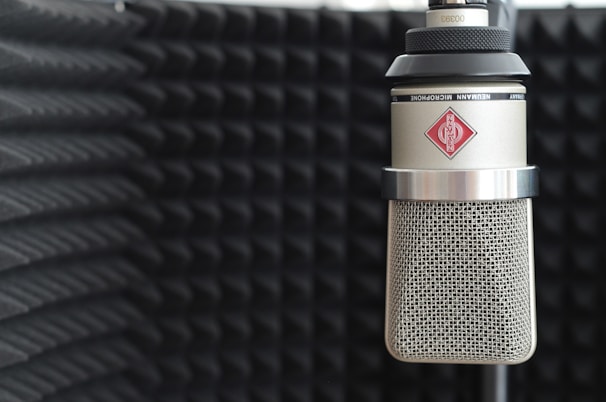 A professional microphone is positioned in an acoustic foam-lined room, likely a recording studio. The microphone has a metallic mesh grille and a red rectangular logo. The surrounding walls are covered in dark acoustic foam panels with a pyramid pattern to manage sound reflections.