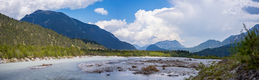 Campo de hierba verde cerca del lago bajo el cielo azul durante el día