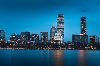 city skyline during night time