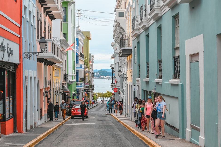San Juan Puerto Rico Calle del Cristo rainbow houses and historic Cathedral
