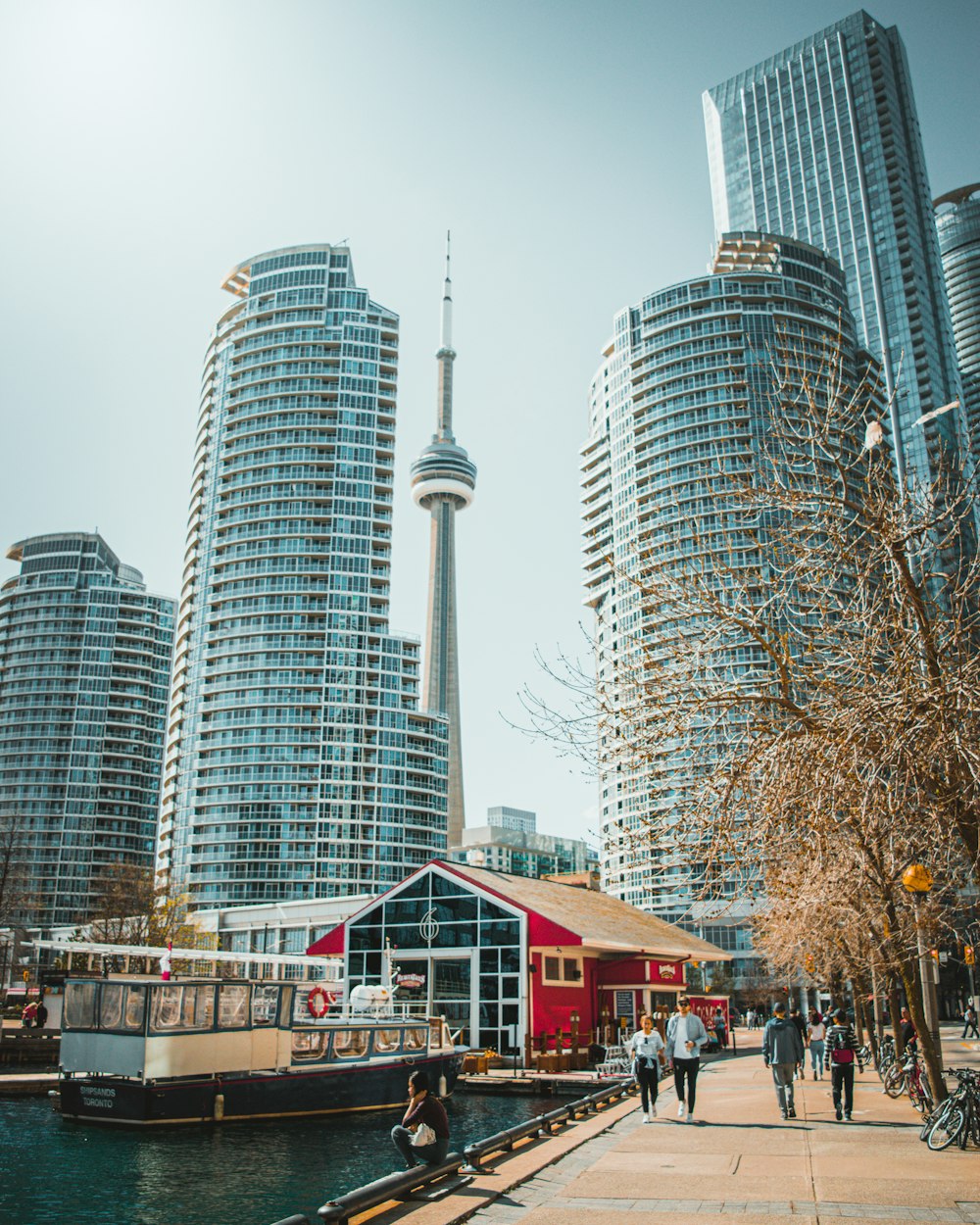 Harbour Front in Toronto with city skyline and waterfront dining district