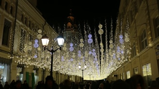 A street at night is adorned with numerous hanging decorative lights, creating a festive atmosphere. The lights are arranged in cascading patterns, with some larger spherical lights interspersed among smaller lights. Street lamps and the silhouettes of people walking are visible. The buildings lining the street are illuminated by the festive lights.