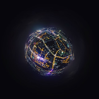 A spherical view of a city at night with bright lights and street patterns that create an orb-like appearance against a dark background.