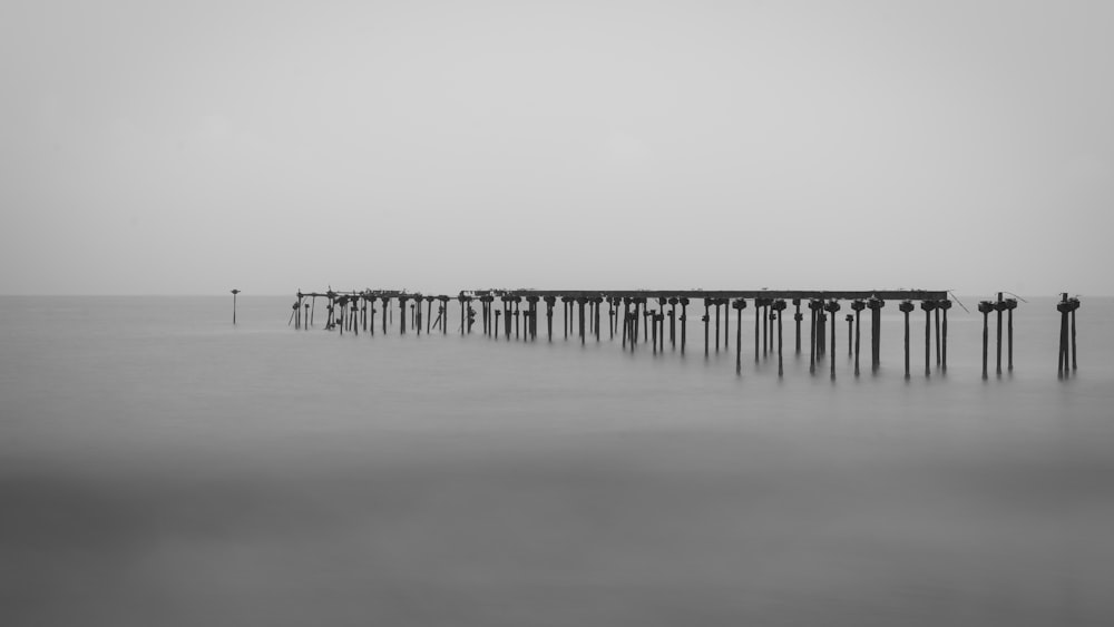 Foto en escala de grises de un muelle de madera en el mar