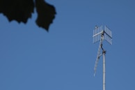 A television antenna extends upwards against a clear blue sky, with a small bird perched near the top. In the foreground, there is the silhouette of tree leaves.