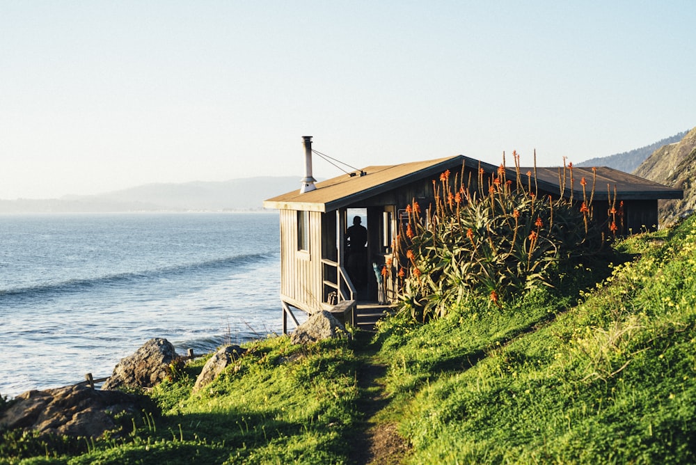 brown wooden house on green grass near body of water during daytime