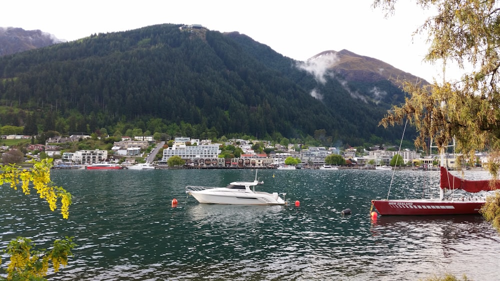 white and red boat on water near mountain during daytime