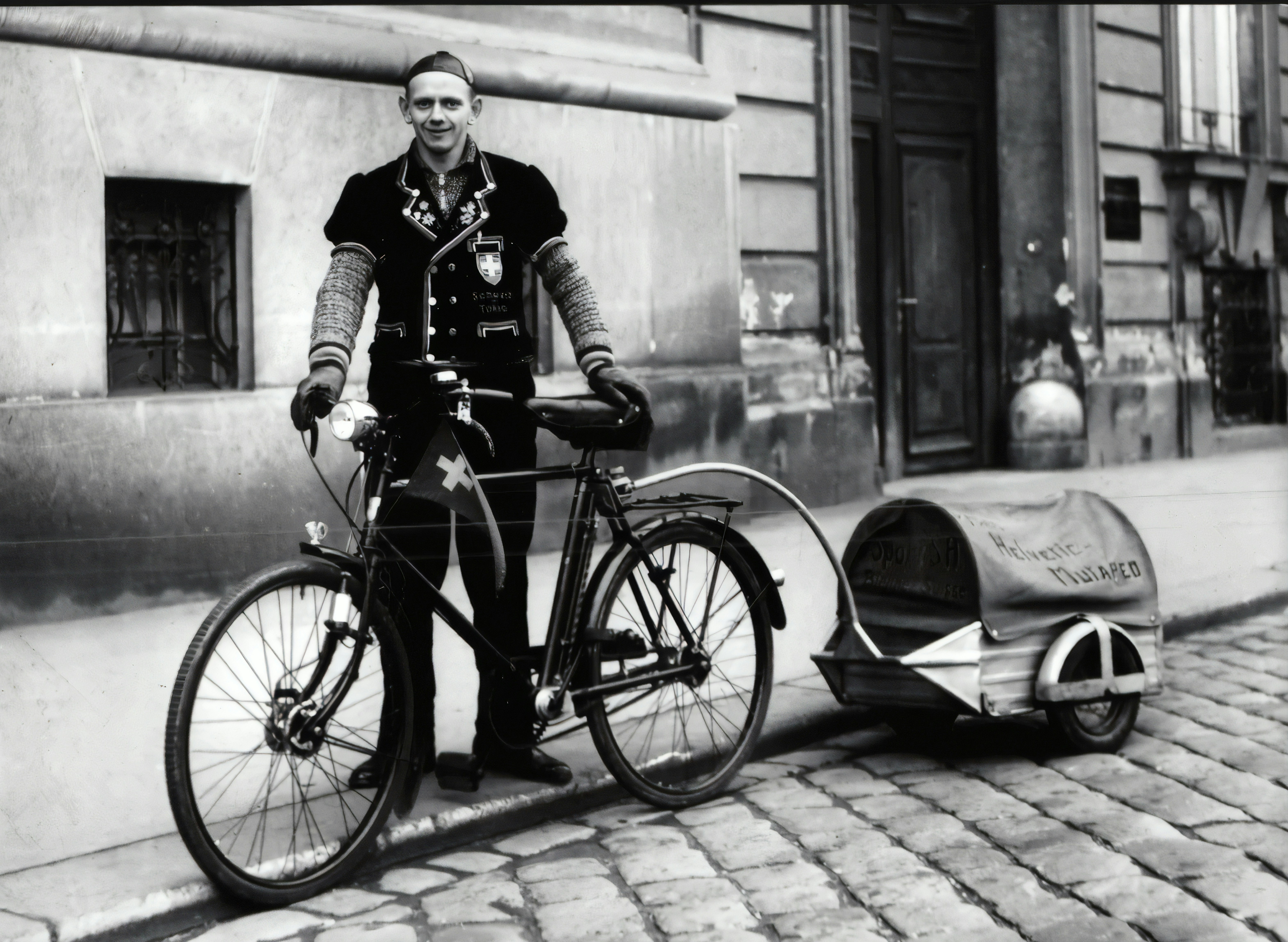 grayscale photo of woman in black jacket and pants standing beside bicycle