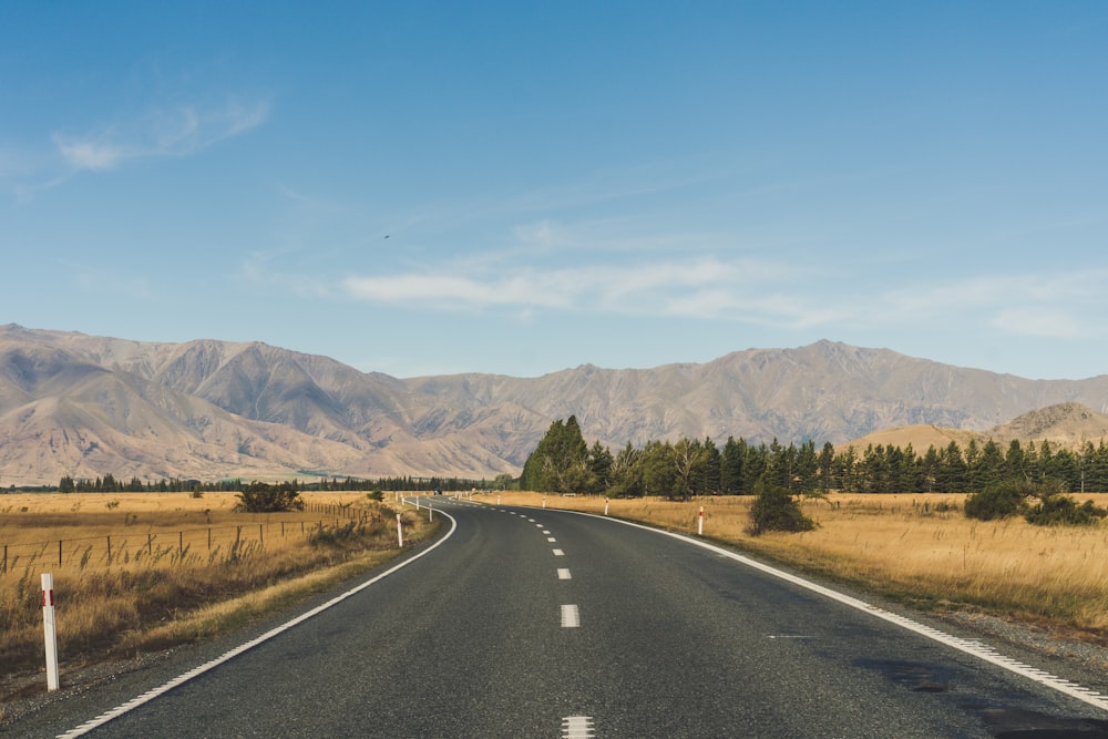 gray concrete road near green trees and mountains during daytime