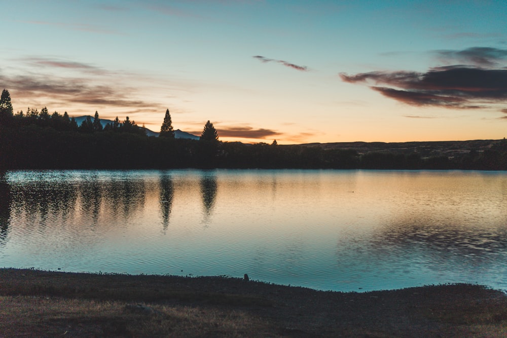 silhouette of houses near body of water during sunset