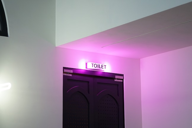 A doorway labeled as a toilet is illuminated with pink lighting, set against a white wall. The door is dark-colored with a specific geometric pattern.