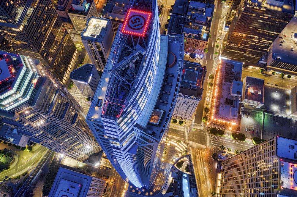 aerial view of city buildings during night time