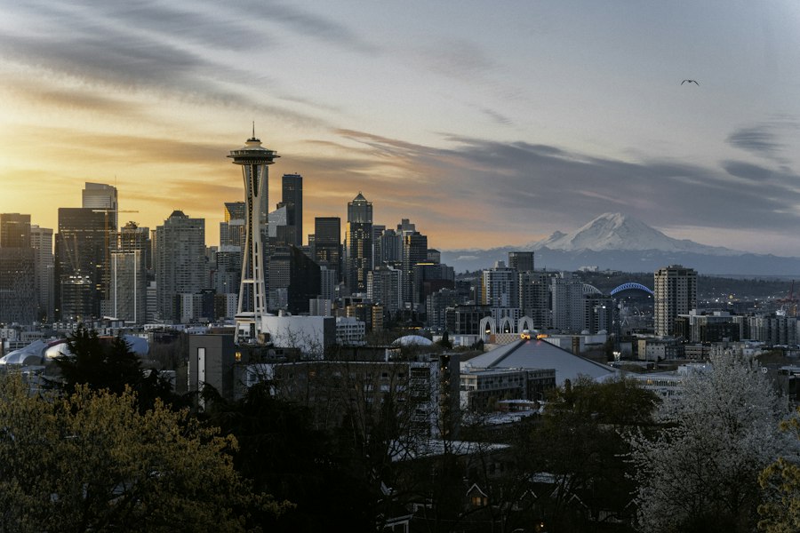 Seattle's skyline and the Space Needle from Kerry Park with Mount Rainier beyond at sunrise