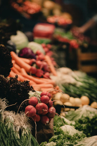 A vibrant display of fresh vegetables and fruits.