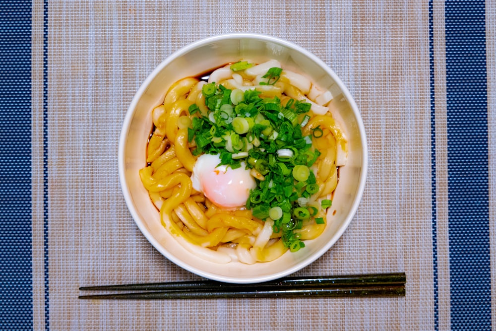 pasta dish on white ceramic bowl