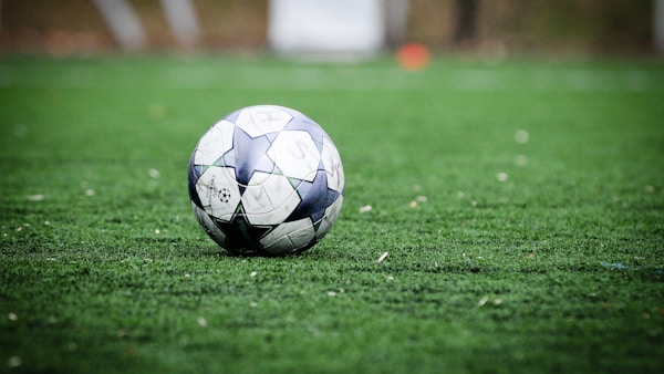 white and blue soccer ball on green grass field during daytime