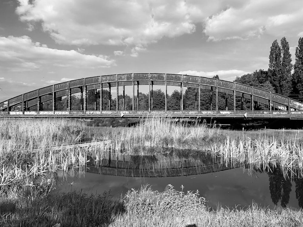 grayscale photo of bridge over river